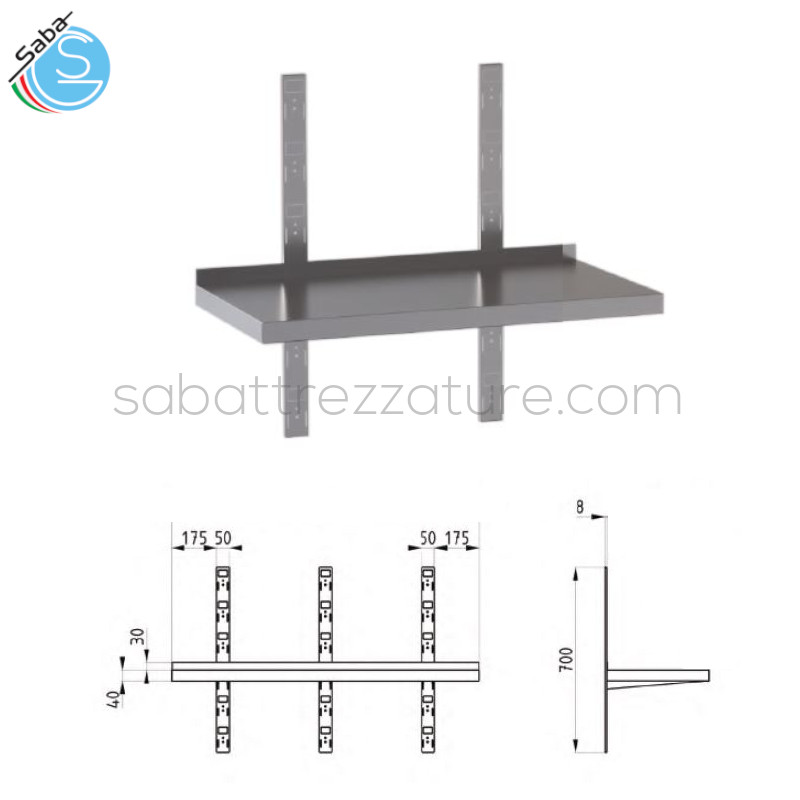 OFFERTA: Mensola in acciaio inox AISI 304 a parete professionale liscia - Dimensioni 100x30x4H cm - Peso 3 kg - Dotata di 2 cremagliere posteriori che consentono una buona capacità di carico