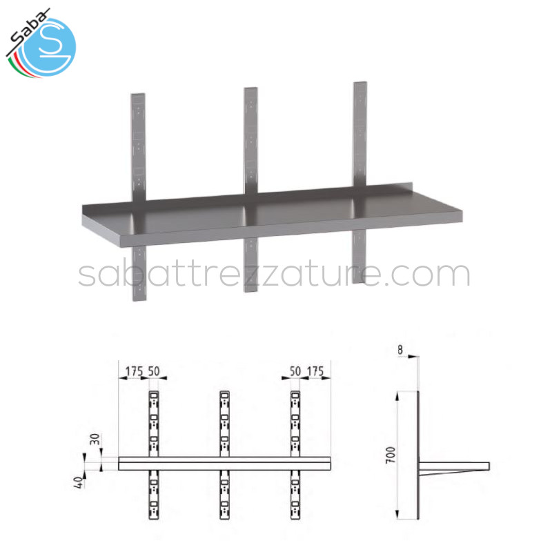 OFFERTA: Mensola in acciaio inox AISI 304 a parete professionale liscia - Dimensioni 120x30x4H cm - Peso 4 kg - Dotata di 3 cremagliere posteriori che consentono una buona capacità di carico