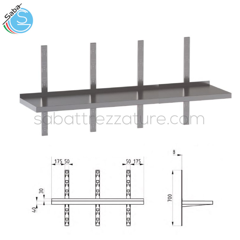 OFFERTA: Mensola in acciaio inox AISI 304 a parete professionale liscia - Dimensioni 200x30x4H cm - Peso 6 kg - Dotata di 4 cremagliere posteriori che consentono una buona capacità di carico