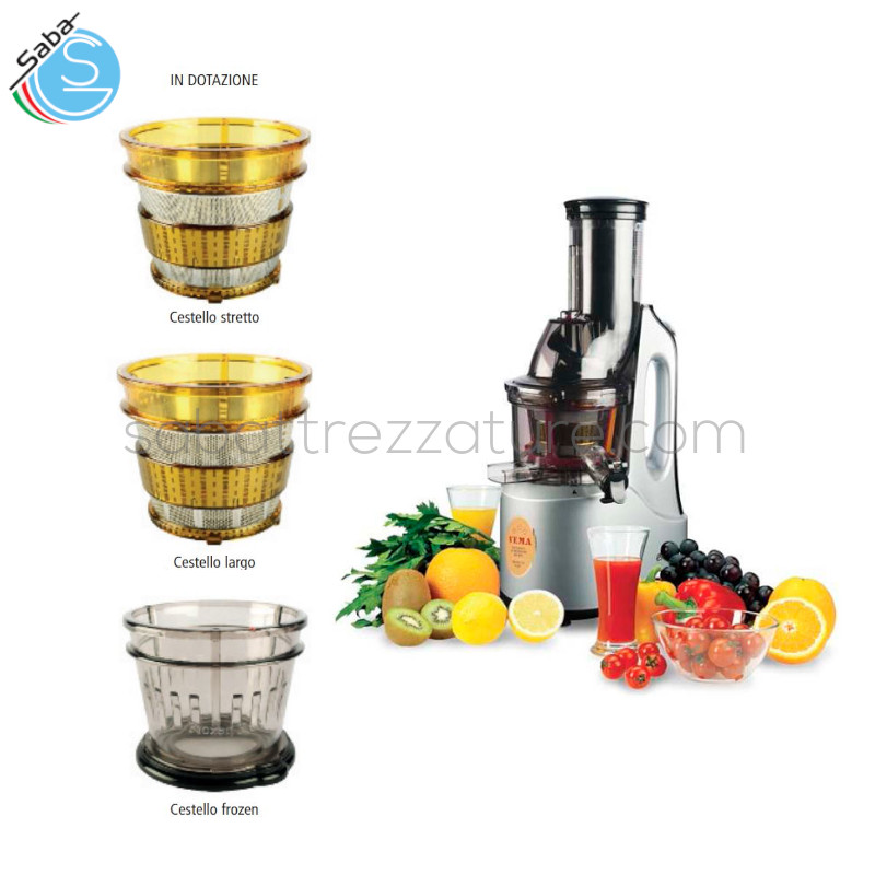 OFFERTA: ESTRATTORE DI SUCCHI VEMA ET 2102 - Corpo in materiale sintetico color argento - Motore 230V~50/60Hz 240W 60 giri al minuto - Lavoro continuativo massimo 30 minuti - Dimensioni cm. 21x25x49h - Peso kg. 7
