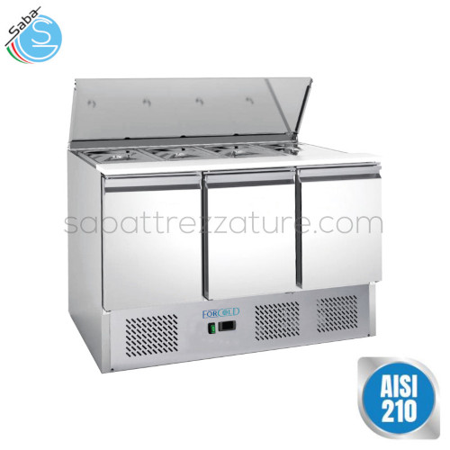 Saladette refrigerata in Acciaio Inox AISI 210 per insalate GN1/1 statica G-S903-FC - Dimensioni esterne 1365 x 700 x 865(h) mm - Temperatura di lavoro +2°C/+8°C - Capacità n.4 x GN1/1 368 L - Assorbimento (W) 235 - Tensione 220-240V / 50Hz