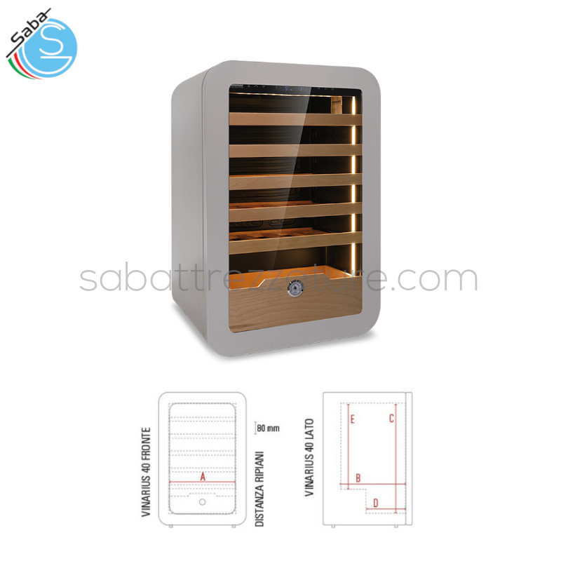 OFFERTA: Frigo vini ventilato +2 °C / +20 °C VINARIUS 40 GRY - Dim. est. LxPxH 540x550x830 mm - Capac. 36 bott. da 75 cl - Mensole in legno ad estrazione a carrello N.5 mm 435x430 / N.1 cassetto mm 390x280x150 - Peso Kg 43,5 - Alim. Monofase - Assorb. W 75