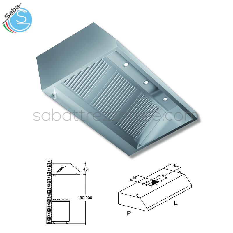 OFFERTA: Cappa serie parete con motore 180x90x45H cm con struttura vista frontale in acciaio inox 18/10 AISI 430 satinata scotch-brite puntata elettronicamente.