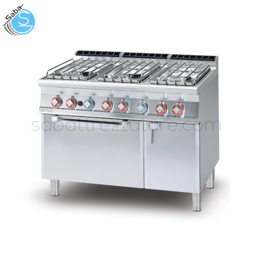 CUCINA 6 fuochi - Forno a gas statico cm. 67x55x34h, temp: 150÷300°C, con 1 griglia cm.65x53 GN2/1 - Vano neutro con porta - Dimensioni cm. 120 x 70,5 x 90h - Potenza gas 42,3 kW / 36.378 kcal/h - Peso 178 kg - Volume 1,051 m³