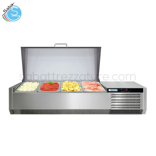 Refrigeratore a vaschette da appoggio in acciaio inox AISI 304 per condimenti e farciture - Range +2/+7°C - Dimensioni mm 1100 X 395 X 250 - N° vaschette 4 GN1/3 - Assorbimento W 247 - Alim. Monofase