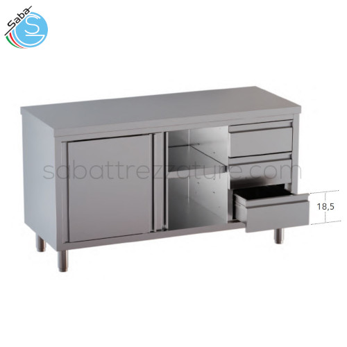 Tavolo armadiato in acciaio INOX AISI 304 con porte scorrevoli e 3 cassetti dx - Dimensioni: 206 x 70 x 85H cm - Peso netto: 124 kg