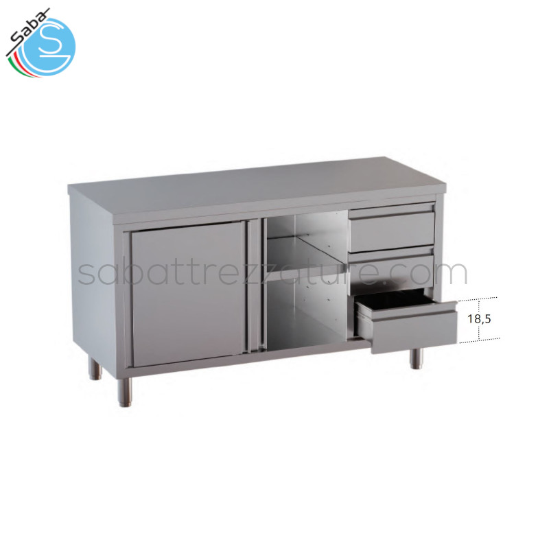 OFFERTA: Tavolo armadiato in acciaio INOX AISI 304 con porte scorrevoli e 3 cassetti dx - Dimensioni: 206 x 70 x 85H cm - Peso netto: 124 kg