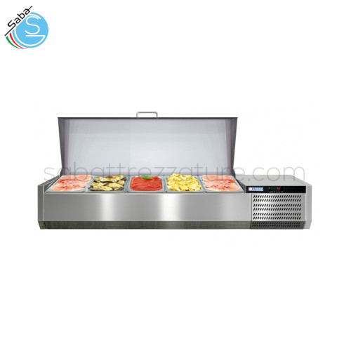 Refrigeratore a vaschette da appoggio in acciaio inox AISI 304 per condimenti e farciture - Range +2/+7°C - Dimensioni mm 1260 X 395 X 250 - N° vaschette 5 GN1/3 - Assorbimento W 247 - Alimentazione Monofase