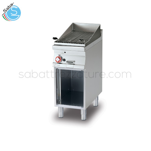 Griglia pietra lavica a gas su mobile a giorno in acciaio inox CrNi 18/10 AISI 304 - Dimensioni cm 40 x 70,5 x 90h - Potenza gas 9 kW - 7.740 kcal/h - Peso 61 kg