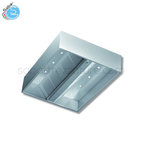 Cappa cubica centrale con motore e illuminazione con faretti a LED Spotlight - N. filtri: n.8 filtri a labirinto - Dim. est.: cm 220x150x45h - Peso netto: 141Kg - Alim.: 220V 1N 50Hz - Portata aspirazione aria: 3000mc/ora