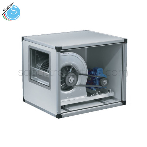 Ventilatore centrifugo cassonato a doppia aspirazione con motore direttamente accoppiato alla girante (pale avanti) tramite pulegge e cinghie - mc/h 4000 - rpm 1080 - kW 1,1 - Temperatura -20°C / 60°C motore 4 p. - 230/400 V - 50 Hz - 3 F - IP 54