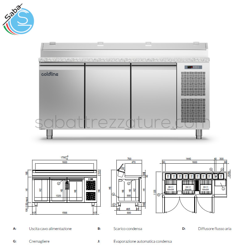 OFFERTA: Tavolo Prep-station GN1/1 3 porte -2°+8°C con piano granito GN1/6 h. 760 mm plug-in - Dimensioni 1780×700×1055 mm - Alimentazione Monofase - Potenza assorbita 250 W