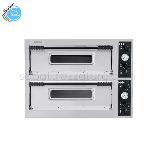 Forno a due camere per la cottura di 4 + 4 pizze da 35 cm - Temperatura d'esercizio °C 50 - 450 - Alimentazione Trifase - Potenza KW 12 - Dimensioni esterne cm 100 x 95,5 x 74,5A - Dimensioni interne cm 72 x 72 x 14A - Peso netto Kg 139