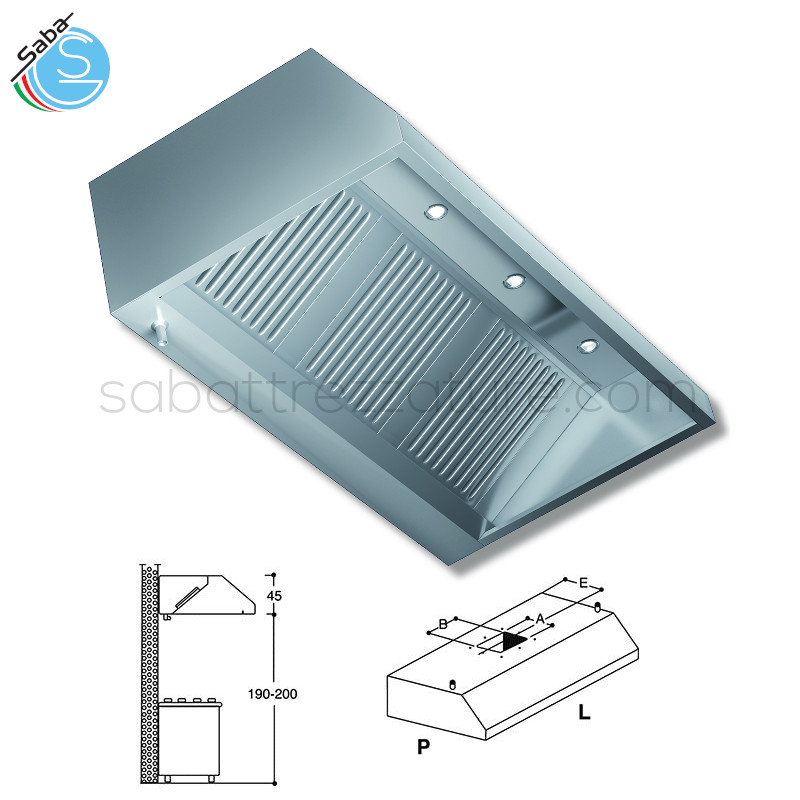 OFFERTA: Cappa serie parete - L200 X P90 X H45 cm - con motore con plafoniere e faretti led con struttura vista frontale in acciaio inox 18/10 AISI 430 satinata scotch-brite puntata elettronicamente.