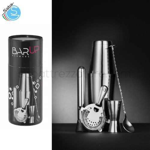 Kit Barman per cocktail Acciaio Hendi BarUp 596616 : Agitatore Boston Tin-on-Tin + Jigger + Filtro Hawthorne + Pestello + Cucchiaio bartendering.