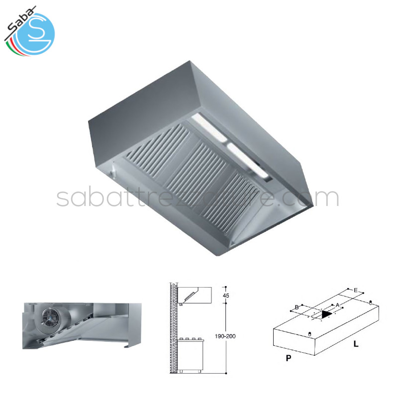 OFFERTA: Cappa KUBICA a parete con motore e illuminazione con plafoniera a LED Light (1 x 16 Watt) - 1 Velocità - 300x110x45H cm - Portata aspirazione aria: 3000 m3 / ora - 149 Kg - Monofase - 300 Watt