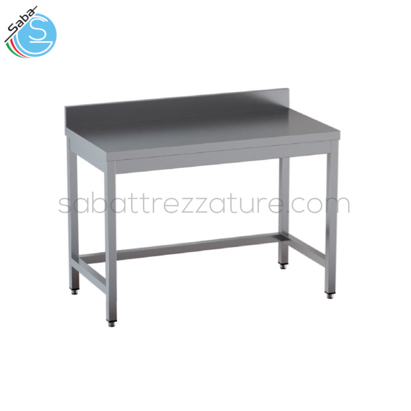 OFFERTA: Tavolo aperto in acciaio inox AISI 304 su gambe in tubo quadro (con piedini incassati con altezza regolabile) senza ripiano e top con alzatina posteriore - Dimensioni esterne: 200x80x85h cm - Peso: kg 64