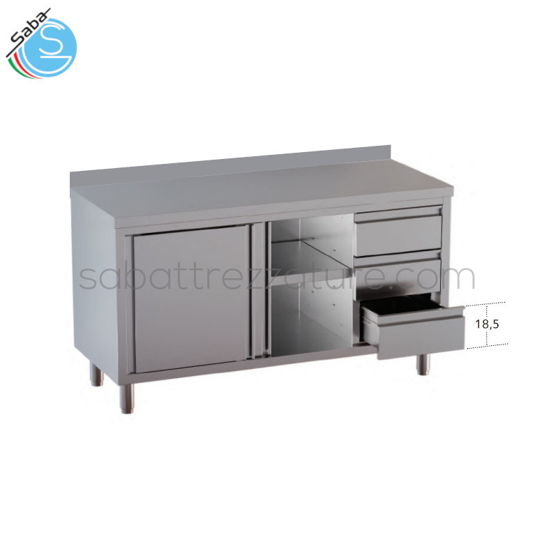 OFFERTA: Tavolo armadiato in acciaio INOX AISI 304 con alzatina, ripiano intermedio, porte scorrevoli e 3 cassetti DX - Dimensioni: 160 x 70 x 85H cm - Peso netto: 106 kg