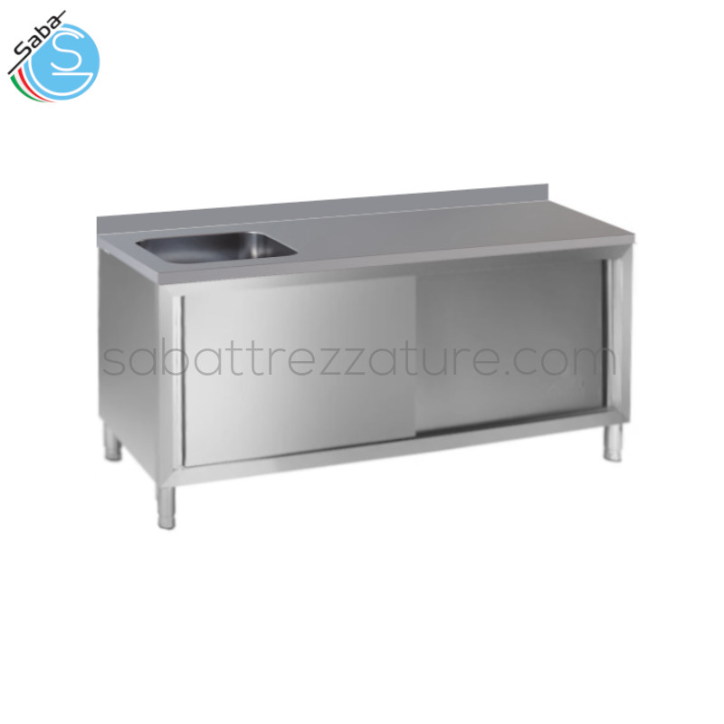 OFFERTA: Tavolo chef armadiato con alzatina e vasca a sinistra in acciaio inox 18/10 AISI 304 - Dimensioni 200x70x85H cm - Dimensioni vasca 40x40x20H cm