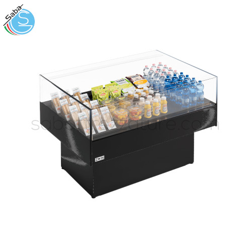 Vetrina ad isola refrigerata self service FLATEY FL129PSVN - Refrigerazione ventilata - Refrigerante eco-friendly R290 - Temperatura °C +4/+6 - Alimentazione Monofase V230/1/50Hz - Dimensioni cm (LxPxH) 129x92x88 - Tenda notte manuale