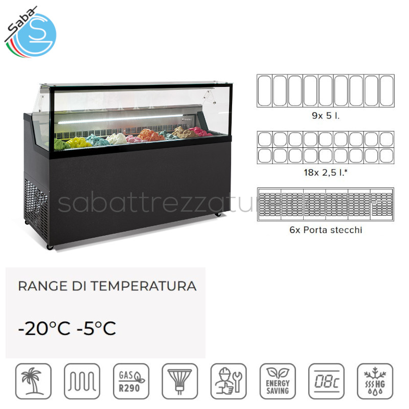 OFFERTA: Vetrina per gelato mantecato, su stecco e pasticceria gelata - Temperatura -20°C -5°C - Dimensioni (l x p x h) 1655 x 677 x 1190 mm