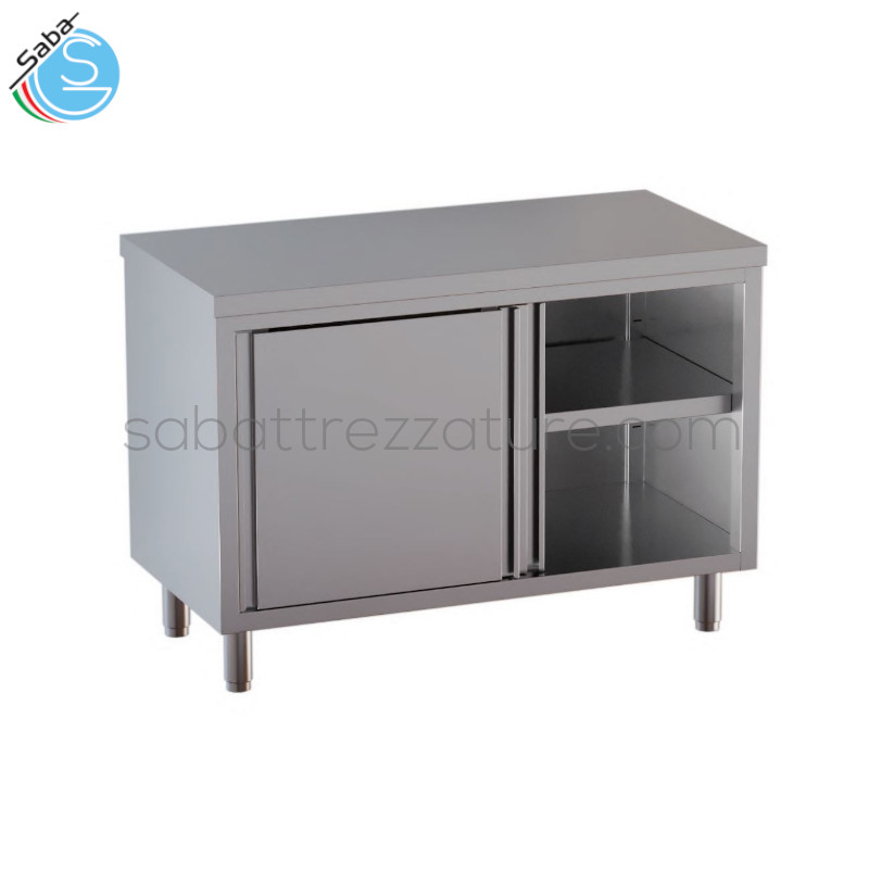 OFFERTA: Tavolo armadiato in acciaio INOX AISI 304 con finitura Scotch Brite 18/10 - Senza alzatina - 1 ripiano intermedio - 2 porte scorrevoli - Dimensioni 150L x 60P x 85H cm - Peso 88 Kg