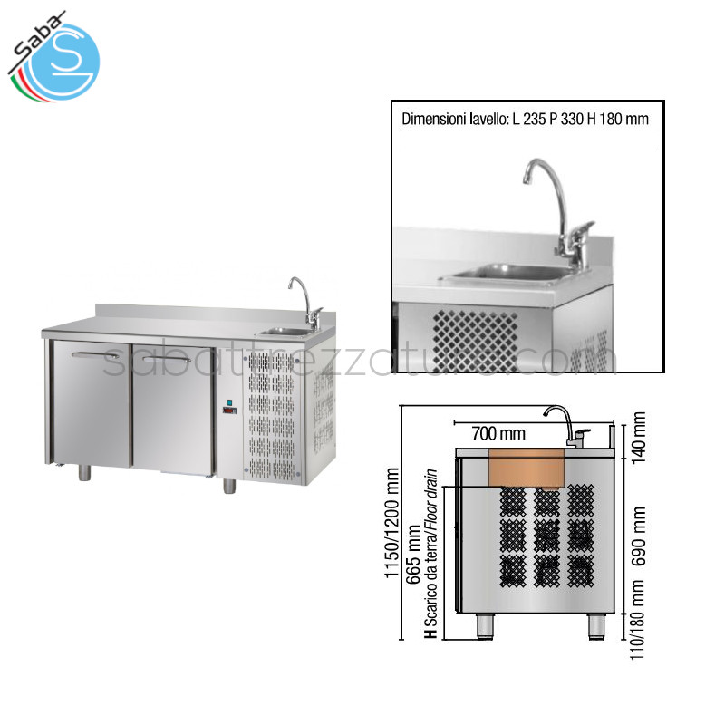 OFFERTA: Tavolo refrigerato TN 2 Porte GN 1/1 con Alzatina e Lavello - Dim.: 142x70x115/120 cm - Peso: 86 Kg - Capacità: 302 L - Temp. d'esercizio: +2 / +8 °C - Assorb. all'avviamento: 450 W / 2,8 A - Assorb. a regime: 400 W / 2,4 A - Alim.: 230 V