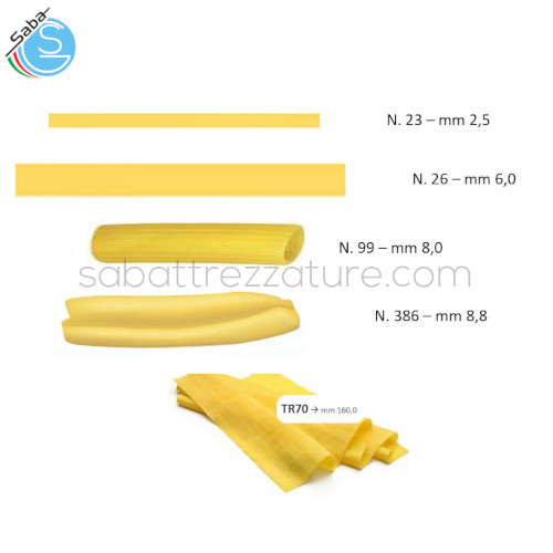 Kit plus 5 trafile: tagliolini f.to 23, tagliatelle f.to 26, maccheroni n.99, casarecce n.386 e sfoglia
