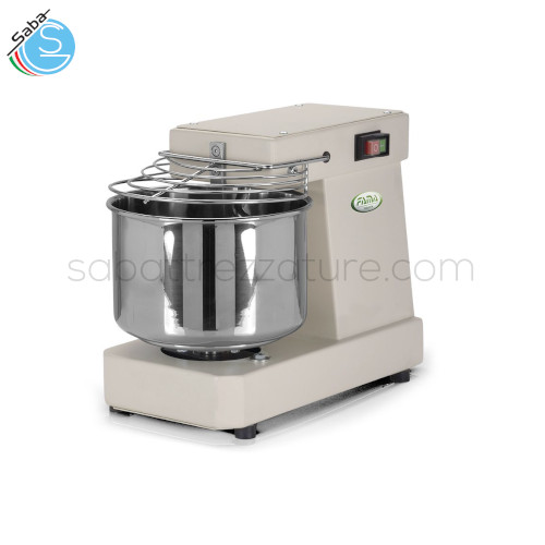 Impastatrice a spirale testa fissa 5 Kg F17M FAMA - Dimensioni L250xP450xH350 mm - Volume vasca 7 lt - Dimensione vasca ø250x160 mm - Capacità d'impasto 5 kg - Capacità farina 3 kg - Potenza KW 0,37 - Alimentazione Monofase - Peso netto 23 kg