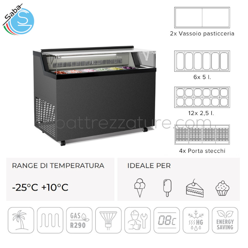 OFFERTA: Vetrina per gelato mantecato, su stecco e pasticceria FLAT 6 FRAMEC - Temperatura -25°C +10°C - Dimensioni (l x p x h) 1190 x 677 x 944 mm - Peso netto 117 kg - Potenza 742 W