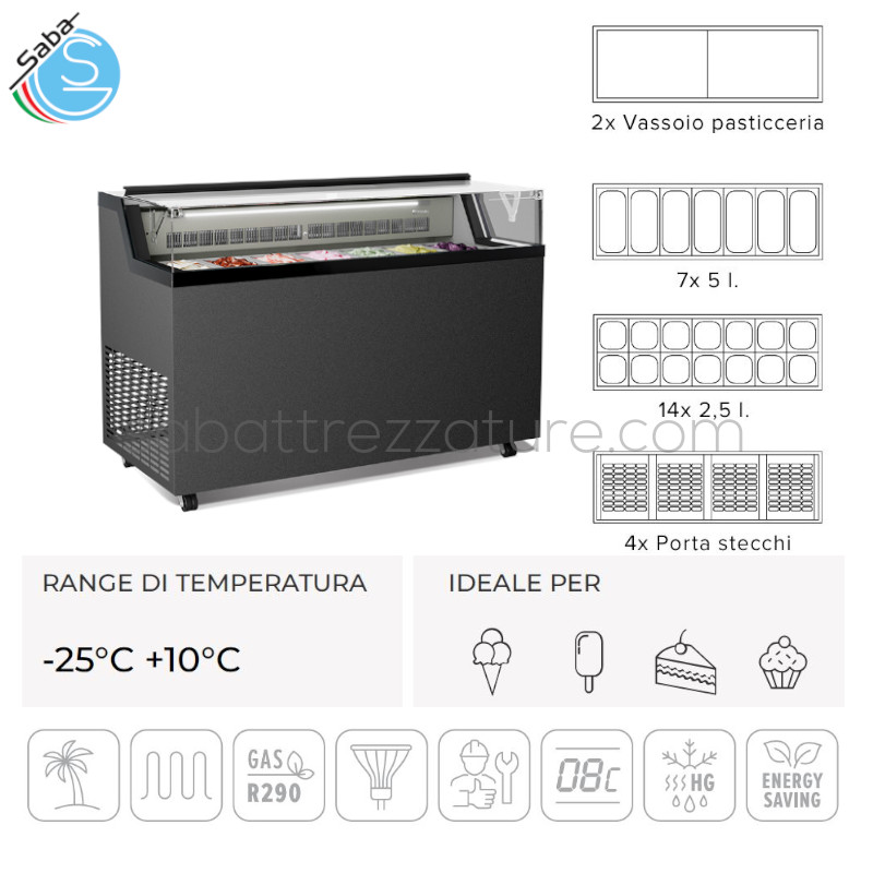 OFFERTA: Vetrina per gelato mantecato, su stecco e pasticceria FLAT 7 FRAMEC - Temperatura -25°C +10°C - Dimensioni (l x p x h) 1340 x 677 x 944 mm - Peso netto 124 kg - Potenza 744 W