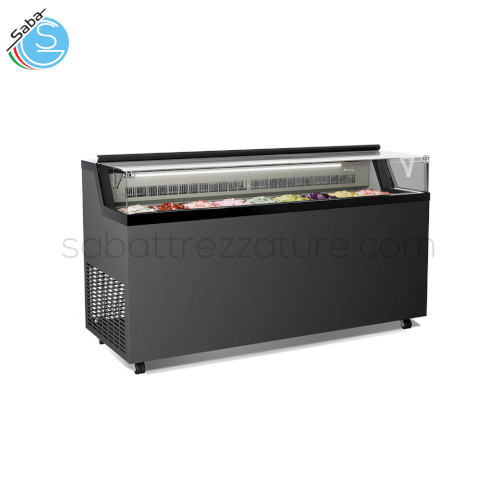 Vetrina per gelato mantecato, su stecco e pasticceria FLAT 9 FRAMEC - Temperatura -25°C +10°C - Dimensioni (l x p x h) 1655 x 677 x 944 mm - Peso netto 136 kg - Potenza 890 W