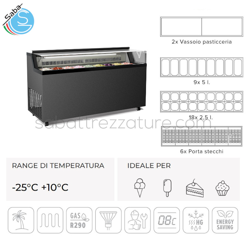OFFERTA: Vetrina per gelato mantecato, su stecco e pasticceria FLAT 9 FRAMEC - Temperatura -25°C +10°C - Dimensioni (l x p x h) 1655 x 677 x 944 mm - Peso netto 136 kg - Potenza 890 W