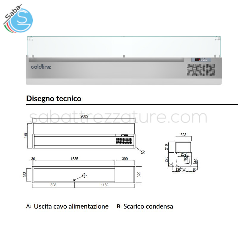 OFFERTA: Vetrina porta ingredienti 2005 mm GN1/4 +2°+10°C con vetri VP20/9N COLDLINE - Dimensioni 2005×322×485 mm - Peso netto 65 Kg - Alimentazione Monofase - Assorbimento 250W