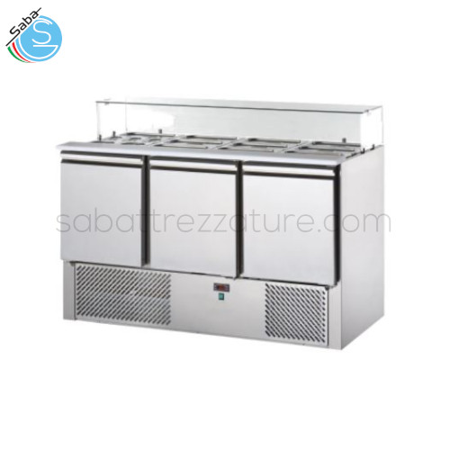 Saladette Tecnodom 3 Porte con Vetro Piatto Temperato - Dim.: L138xP70xH105,8 cm - Tip. di refr.: Statica con agitatore d'aria. - Peso: 91 Kg - Capacità: 350 L - Temp.: + 4 / +10 °C - Alimentazione: 230 V.