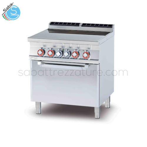 Cucina 4 piastre vetroceramica cm. 75 x 57 LOTUS CFVC4-78ET - Forno elettrico ventilato cm. 55x36x34h, temp: 50÷300°c, con 1 griglia cm.53x32,5 gn1/1 (inclusa 1 testata chiusura piano mod.tpa-7)