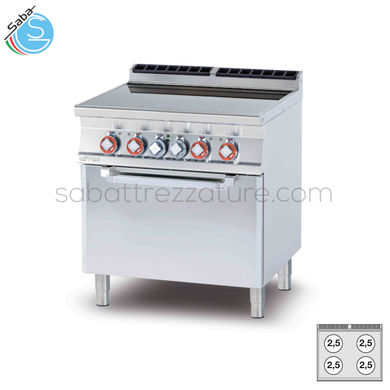 OFFERTA: Cucina 4 piastre vetroceramica cm. 75 x 57 LOTUS CFVC4-78ET - Forno elettrico ventilato cm. 55x36x34h, temp: 50÷300°c, con 1 griglia cm.53x32,5 gn1/1 (inclusa 1 testata chiusura piano mod.tpa-7)