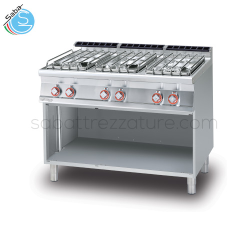 Cucina a gas su mobile a giorno 6 fuochi LOTUS PC-712GP - Dimensioni cm. 120 x 70, 5x 90H - Potenza gas 35 kw - 30.100 kcal/H - Peso 126 kg - Volume 1,051 m³