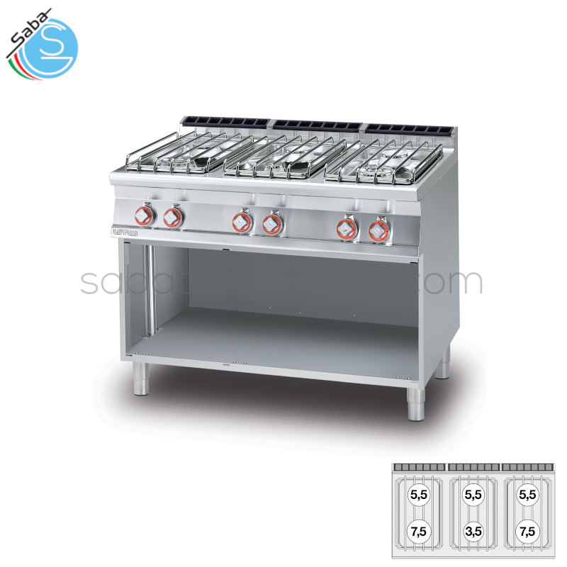 OFFERTA: Cucina a gas su mobile a giorno 6 fuochi LOTUS PC-712GP - Dimensioni cm. 120 x 70, 5x 90H - Potenza gas 35 kw - 30.100 kcal/H - Peso 126 kg - Volume 1,051 m³