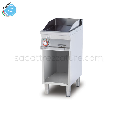 Fry-top elettrico liscio, su mobile a giorno, piastra cm 36x51 - Dimensioni cm. 40x 70,5x 90h - Potenza elettrica 5,55 kw - Voltaggio 400v~3n - Frequenza 50/60 hz - Peso 64 kg - Volume 0,368 m³ - FTL-74ET LOTUS