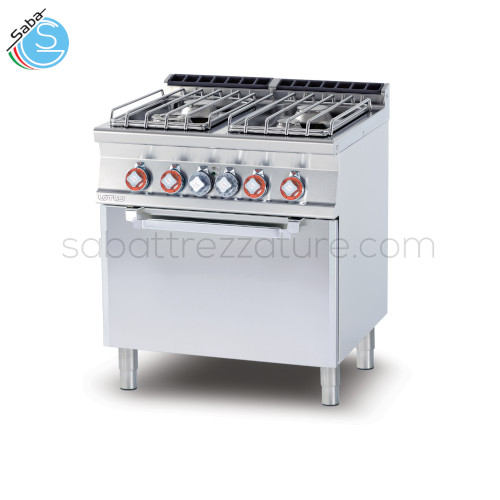 CUCINA 4 fuochi - Forno elettrico ventilato cm. 55x36x34H, temp: 50÷300°C, capienza 4 griglie cm. 53x32,5 GN1/1 - Dimensioni cm. 80X70,5X90H - Potenza gas 22 kw - 18.920 kcal/h - Potenza elettrica 5,32 kw - Voltaggio 400v~3n - Peso 132 kg