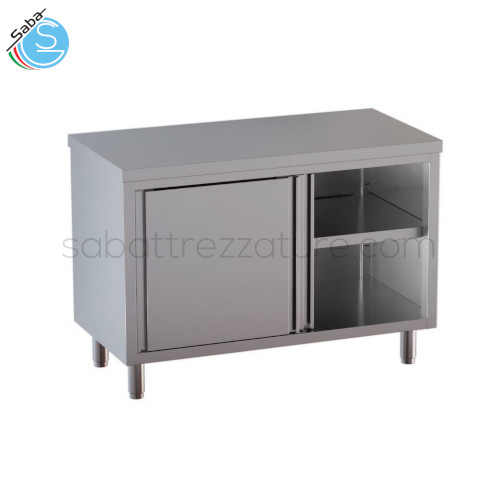 Tavolo armadiato in acciaio INOX AISI 304 con finitura Scotch Brite 18/10 - 1 ripiano intermedio - 2 porte scorrevoli con sportelli tamburati e removibili - Dimensioni 170L x 70P x 85H cm - Peso 103 Kg