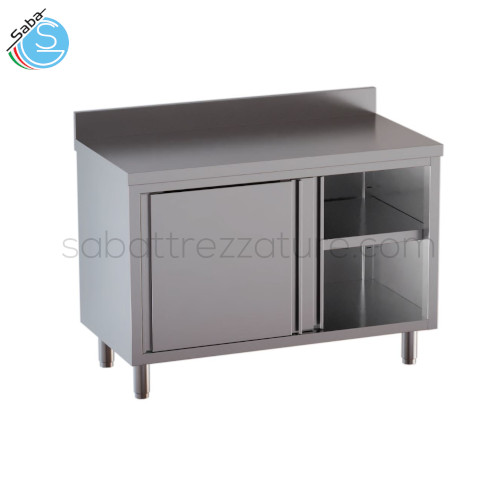 Tavolo armadiato in acciaio INOX AISI 304 con finitura Scotch Brite 18/10 - 1 ripiano intermedio - 2 porte scorrevoli con sportelli tamburati e removibili - Alzatina - Dimensioni 170L x 70P x 85H cm - Peso 103 Kg