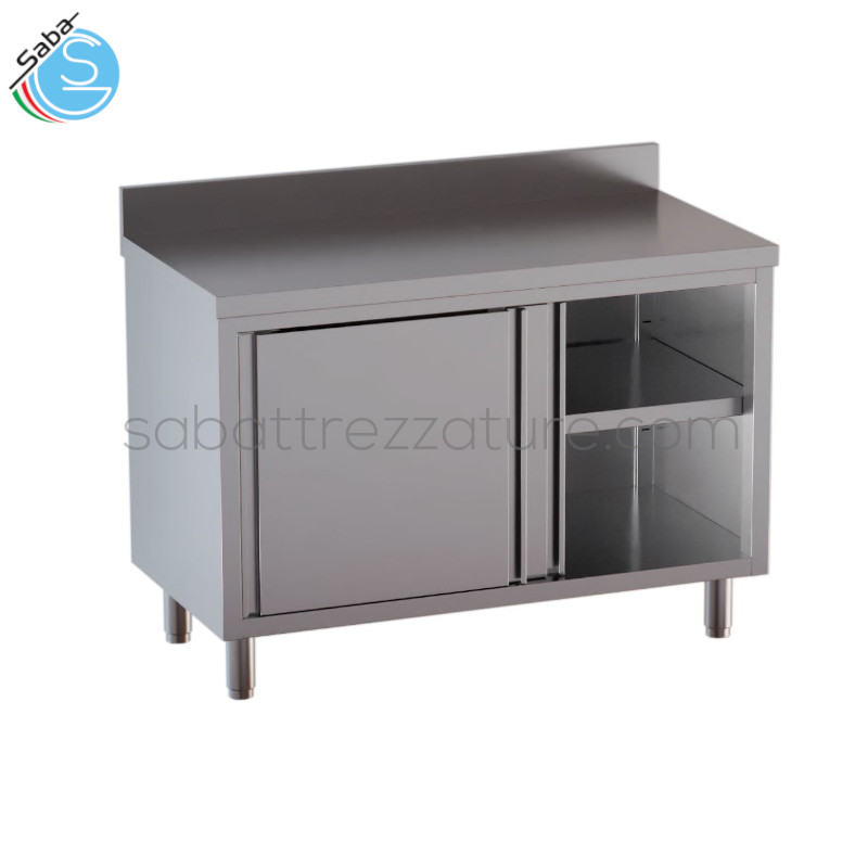 OFFERTA: Tavolo armadiato in acciaio INOX AISI 304 con finitura Scotch Brite 18/10 - 1 ripiano intermedio - 2 porte scorrevoli con sportelli tamburati e removibili - Alzatina - Dimensioni 170L x 70P x 85H cm - Peso 103 Kg