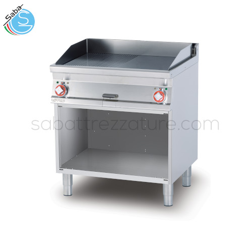 Fry-top elettrico 1/2 rigato + 1/2 liscio cromato SUPERCHROME (Moca Approved), su mobile a giorno, piastra cm.76x51 - Dim. cm. 80 x 70,5 x 90H - Potenza elettrica 11,1 kw - Voltaggio 400v~3n - Frequenza 50/60 hz - Peso 110 kg - Volume 0,709 m³