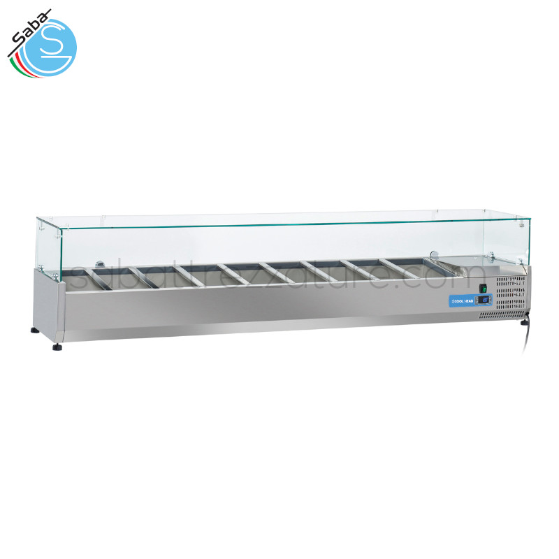 OFFERTA: Vetrina refrigerata orizzontale COOL HEAD VRX 20/38 - Capacità 83 l - Dim. esterne 2000Lx395Px440H mm - Dim. interne 1650Lx310Px163H mm - Nr. di contenitori : 9xGN1/3 - Peso netto 56 Kg - Temperatura +2° ~ +8°C - Alim. : 230 V