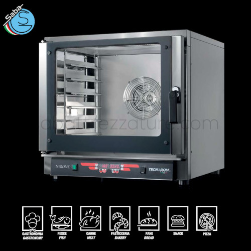 Forno digitale a convezione NERONE MID 6 TECNODOM - Capacità teglie 6 - 600x400 mm / 6 - GN 1/1 - Distanza fra teglie 80 mm - Dim. esterne (LxPxH) 840 x 920 x 835 mm - Potenza elettrica totale 7,65 kW - Alimentazione trifase - Peso netto 90 kg