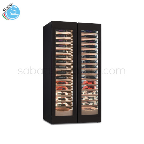 Frigo vini doppia porta 2 zone di temp. ventilato SW 224 2TB Klimaitalia - Capienza Btg cl.75 224 - Mensole in legno - Temp. Range (2x) +2 °C / +20°C - Vol. Netto-Lordo Lt. 610 / 770 - Ass. W 260 - Alim. monofase - Dim. Est. cm. L92x P69xH180