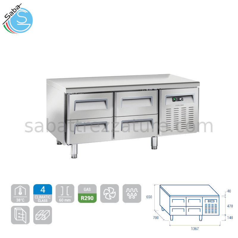 OFFERTA: Tavolo refrigerato GN1/1 U-GN 2140 COOL HEAD - N.4 Cassetti - CAPACITÀ 181 L - CONSUMO 3 Kw / 24h - DIMENSIONI cm. L 136,7 x P 70 x H 65 - PESO NETTO 100.00 Kg - TEMPERATURA -2° ~ +8°C