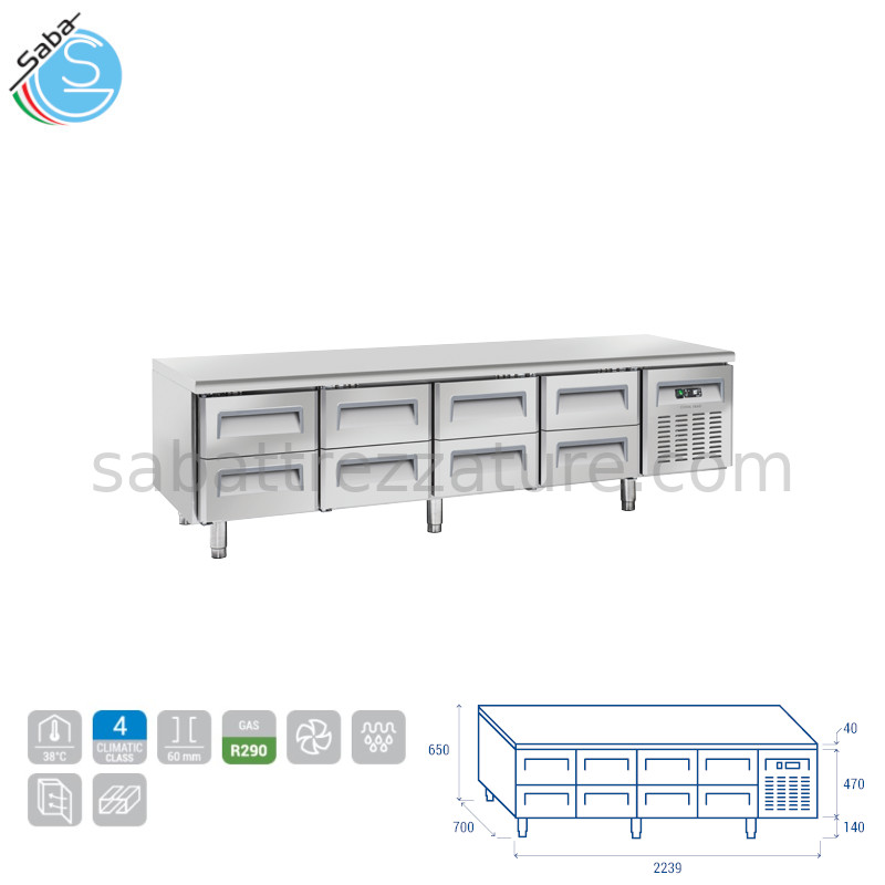 OFFERTA: Tavolo refrigerato GN1/1 U-GN 4180 COOL HEAD - N.8 Cassetti - CAPACITÀ 362 L - CONSUMO 3.5 Kw / 24h - DIMENSIONI cm. L 223,9 x P 70 x H 65 - PESO NETTO 157.00 Kg - TEMPERATURA -2° ~ +8°C